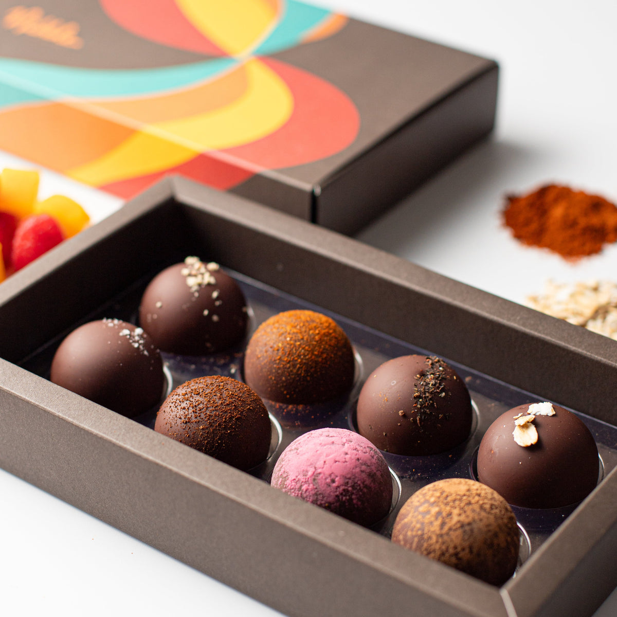 Vegan organic chocolate truffles in a Nibble Chocolate gift box