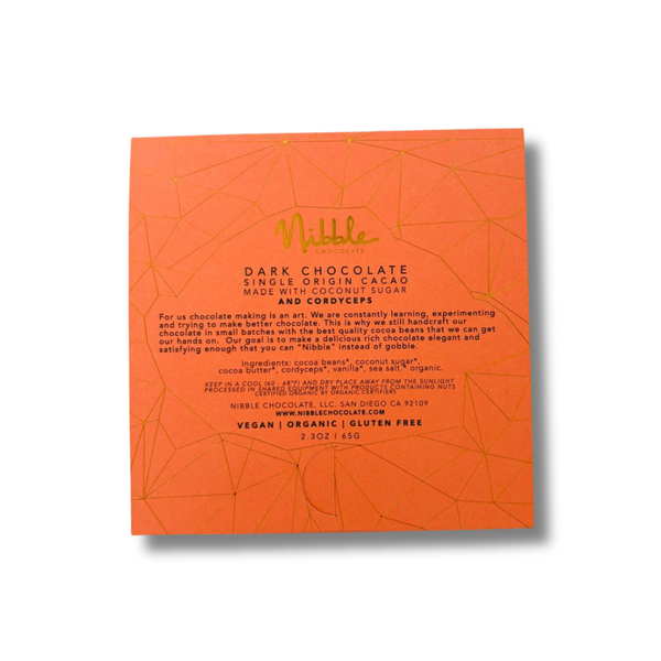 Back of Nibble Cordyceps dark chocolate bar with single origin cacao, coconut sugar, vegan, organic and gluten free details.