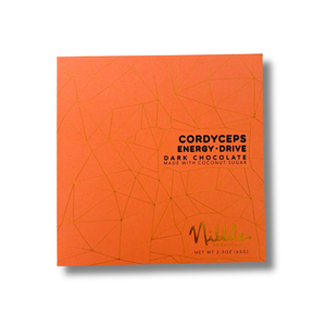 Nibble Cordyceps Energy Drive dark chocolate bar made with coconut sugar, front packaging.