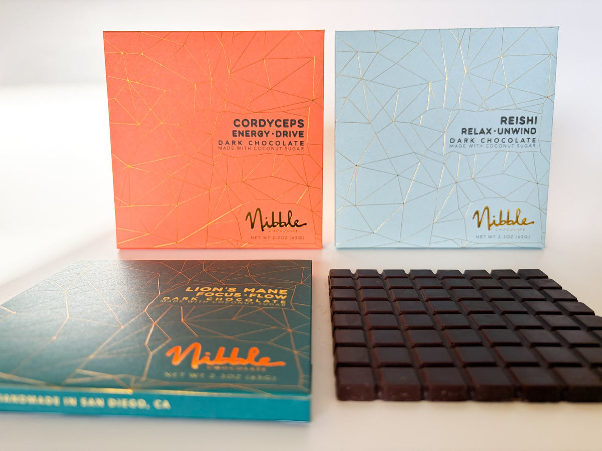 Nibble functional dark chocolate bars with Reishi, Cordyceps and Lion’s Mane, handmade in San Diego.