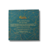 Back of Nibble Lion’s Mane dark chocolate bar with single origin cacao, coconut sugar, vegan, organic and gluten free details.