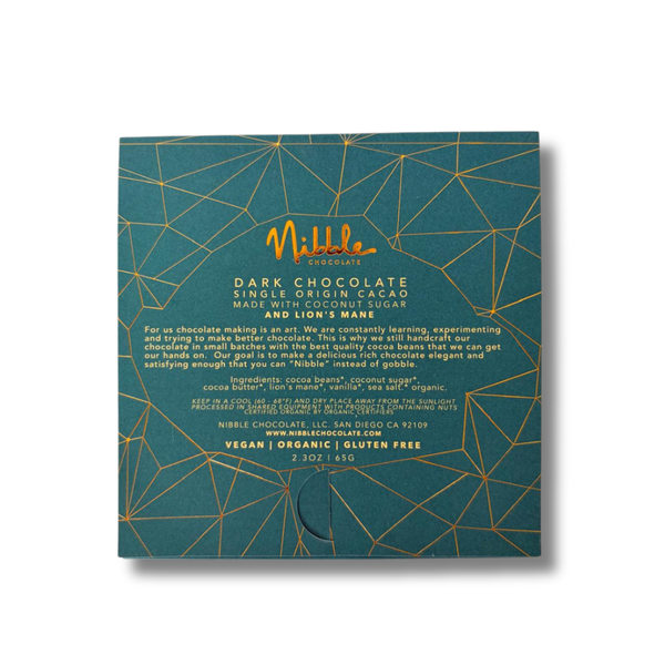 Back of Nibble Lion’s Mane dark chocolate bar with single origin cacao, coconut sugar, vegan, organic and gluten free details.