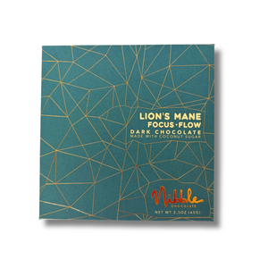 Nibble Lion’s Mane Focus Flow dark chocolate bar made with coconut sugar, front packaging.