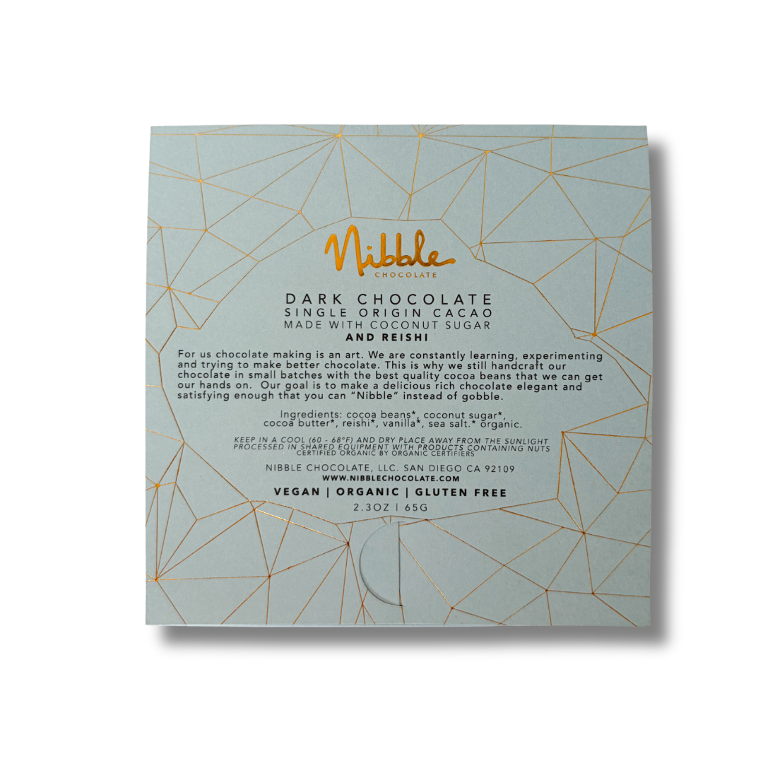 Back of Nibble Reishi dark chocolate bar with single origin cacao, coconut sugar, vegan, organic and gluten free details.