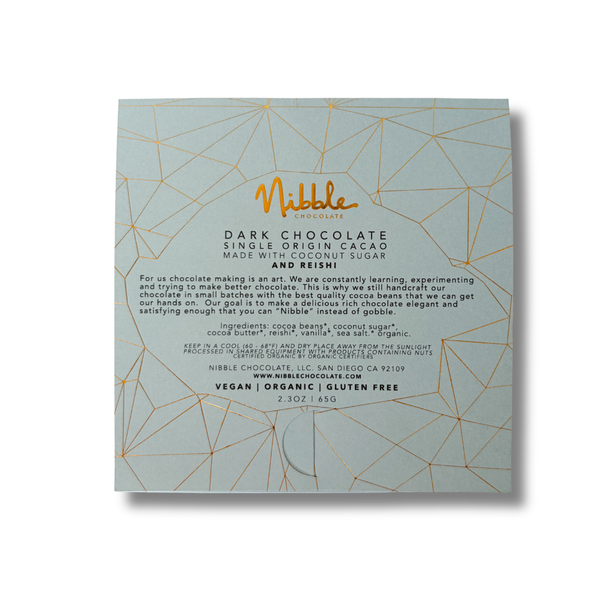 Back of Nibble Reishi dark chocolate bar with single origin cacao, coconut sugar, vegan, organic and gluten free details.