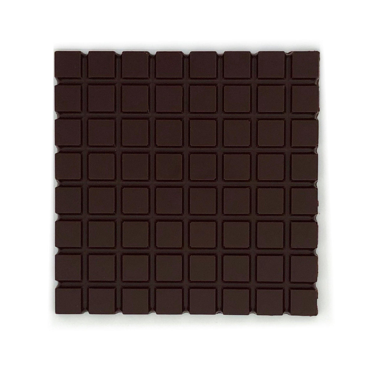 Dark chocolate bar with 72% cocoa content from Peru, featuring a square grid design.