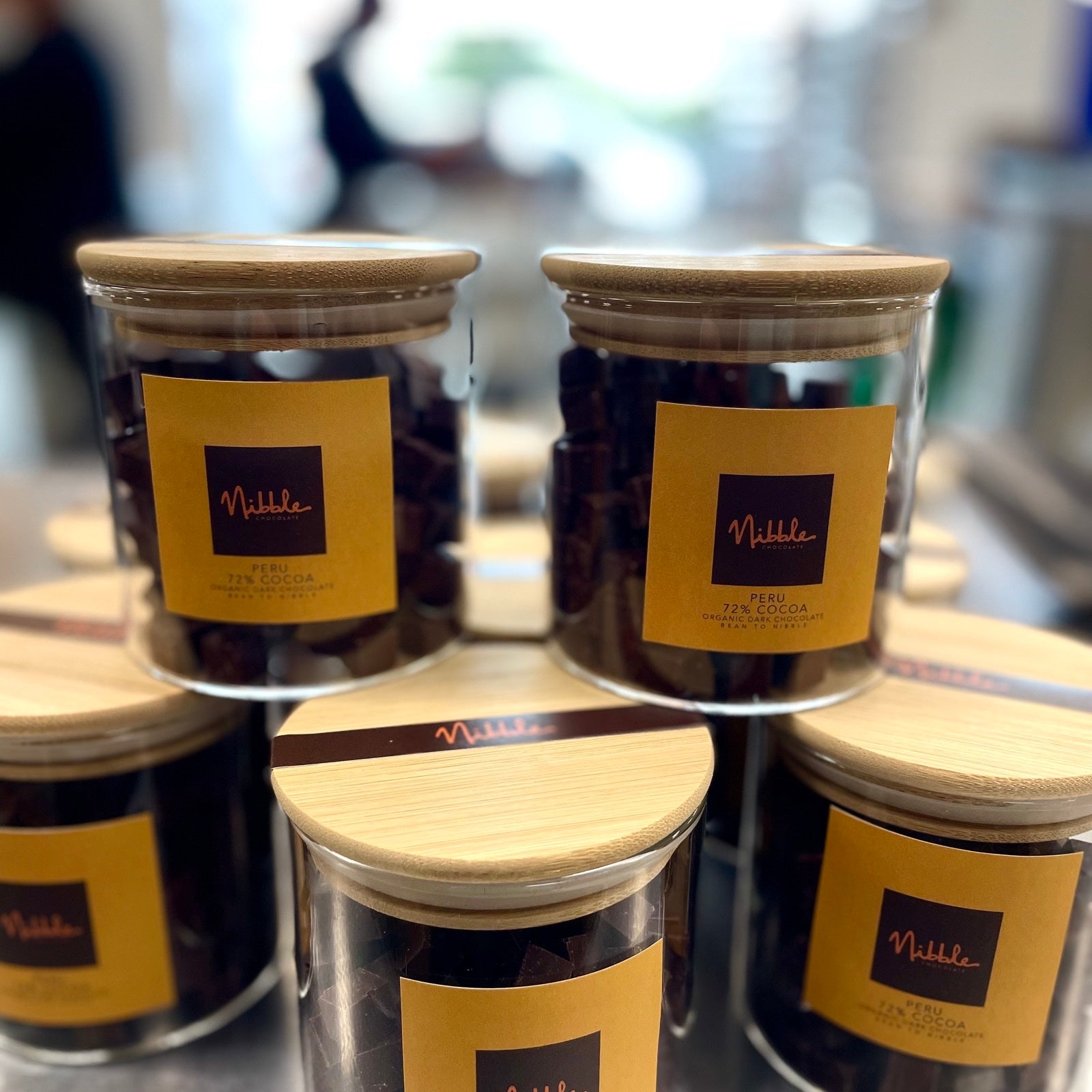 Nibble Peru 72 percent cacao jars with bamboo lids